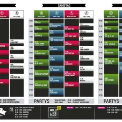 Festival-Zeitplan mit Bühnen und Künstlern, die wie ein Sturm über die Stages fegen.