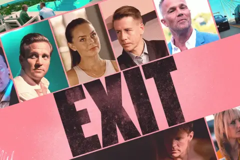 Gesichter der Hauptdarsteller der Serie EXIT, die sich mit den dunklen Seiten des Finanzwesens beschäftigt.