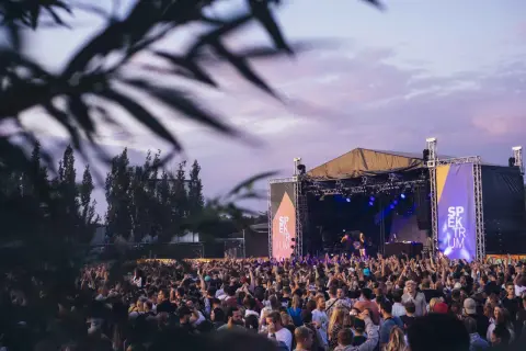 Eine riesige Menge jubelt auf dem **Spektrum Festival** vor einer beleuchteten Bühne. Der Himmel ist in Pastelltönen gefärbt.