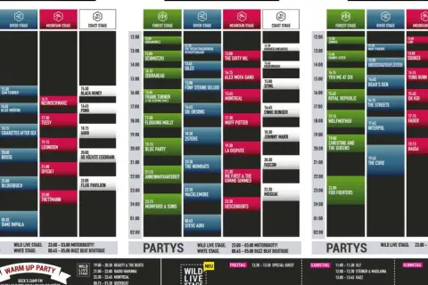 Festival-Zeitplan mit Bühnen und Künstlern, die wie ein Sturm über die Stages fegen.