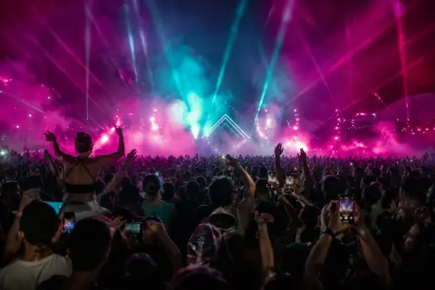 Ein riesiges Publikum feiert unter psychedelischen Lichteffekten und Nebel. Die Stimmung ist wie bei einem **psychedelic circus**.