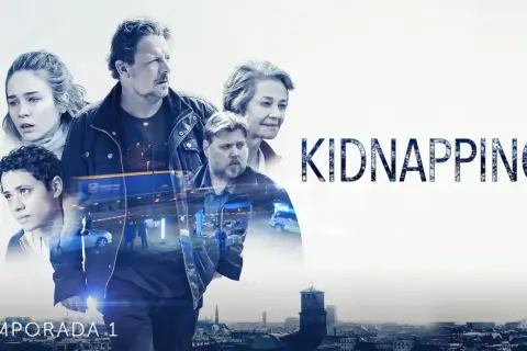 Gesichter von Menschen, die besorgt und entschlossen aussehen, überlagert mit Szenen von Polizeiautos und Ermittlungen. "Kidnapping Staffel 1" ist prominent platziert.