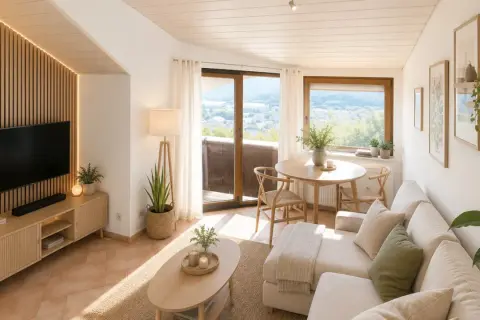 Gemütliches Wohnzimmer in Heilbronn mit TV, Esstisch und Sofa. Helle Farben und Holzmöbel schaffen eine warme Atmosphäre.