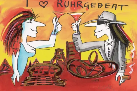 Udo Lindenberg Bilder: Zwei Figuren stoßen mit Cocktails an, im Hintergrund das Ruhrgebiet.