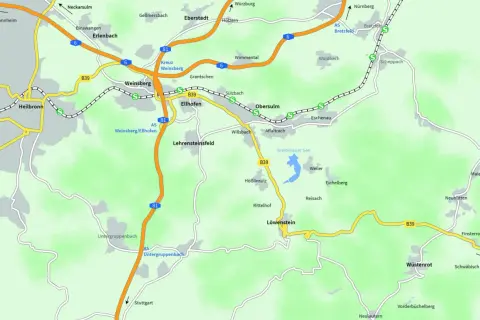 Karte zeigt die Region für eine Weinsberger Weinwanderung mit Orten wie Heilbronn, Weinsberg und Löwenstein.