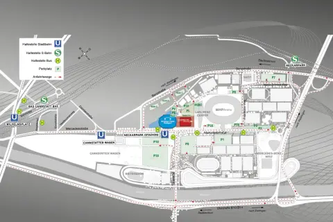 Plan für die Anreise zur Porsche Arena und Umgebung. Zeigt ÖPNV-Haltestellen, Parkplätze und Zufahrtswege.