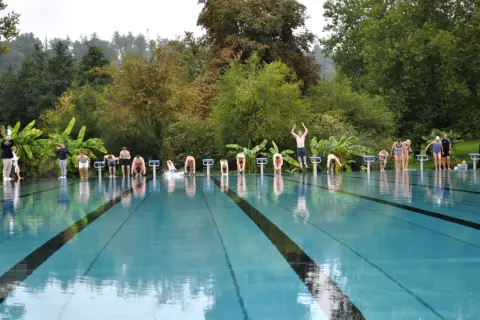 Menschen starten einen Wettkampf im untergruppenbach freibad. Einige springen von den Startblöcken, andere warten.