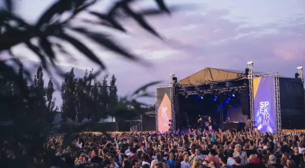Eine riesige Menge jubelt auf dem **Spektrum Festival** vor einer beleuchteten Bühne. Der Himmel ist in Pastelltönen gefärbt.