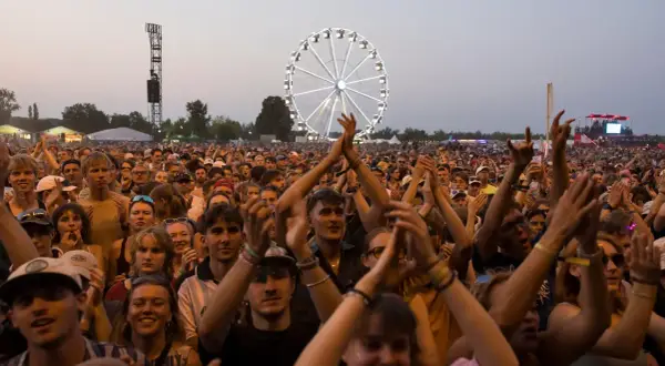 Menschen jubeln beim Highfield Festival Leipzig. Ein Riesenrad leuchtet im Hintergrund.