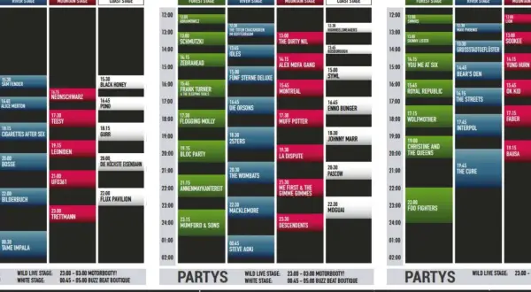 Festival-Zeitplan mit Bühnen und Künstlern, die wie ein Sturm über die Stages fegen.
