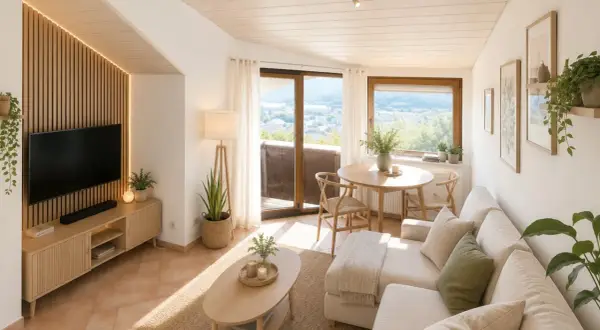 Gemütliches Wohnzimmer in Heilbronn mit TV, Esstisch und Sofa. Helle Farben und Holzmöbel schaffen eine warme Atmosphäre.