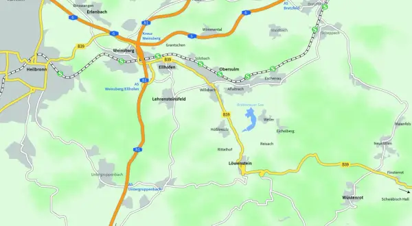 Karte zeigt die Region für eine Weinsberger Weinwanderung mit Orten wie Heilbronn, Weinsberg und Löwenstein.