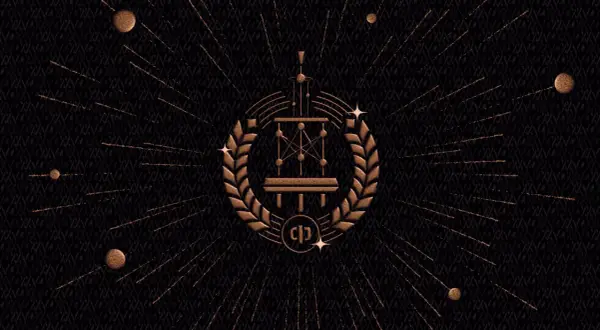 Das **Fusion Festival Logo** mit einem stilisierten Netzwerk im Lorbeerkranz, umgeben von Sternen und Strahlen.
