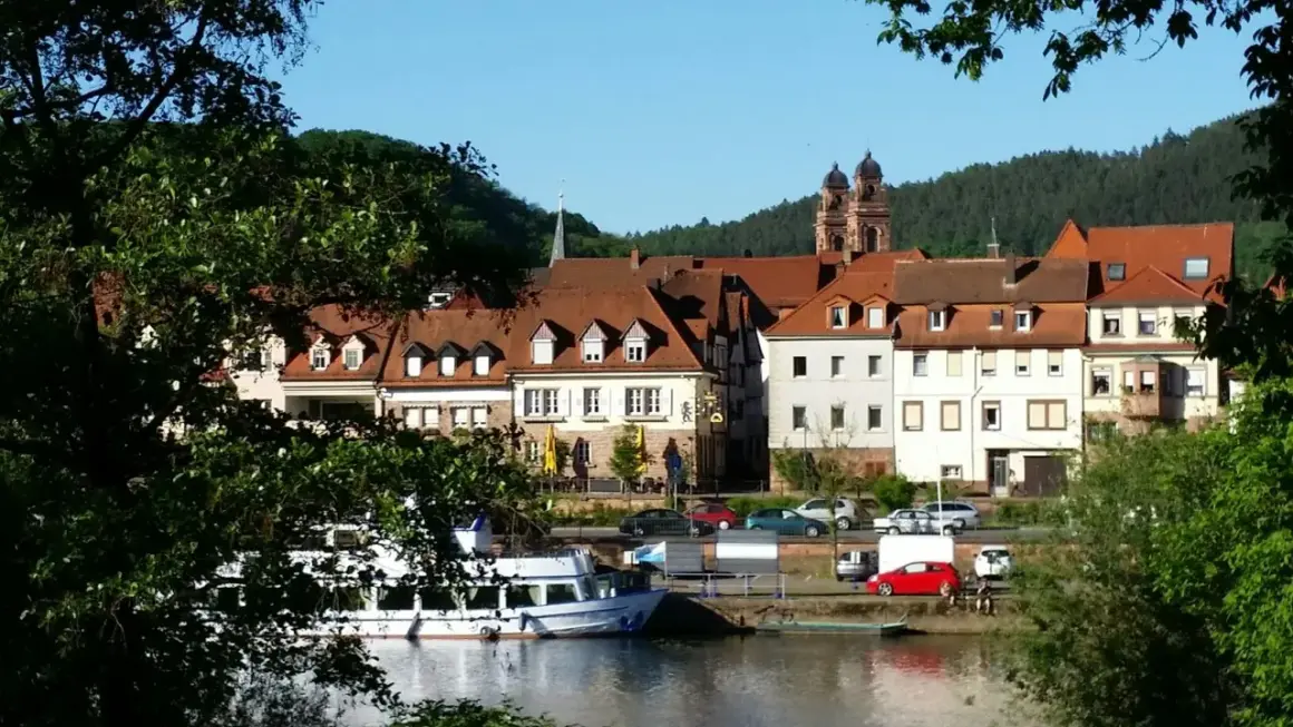 Idyllische Kulisse am Flussufer mit Fachwerkhäusern und Kirchturm. Vielleicht gibt es heute Veranstaltungen in Mosbach?