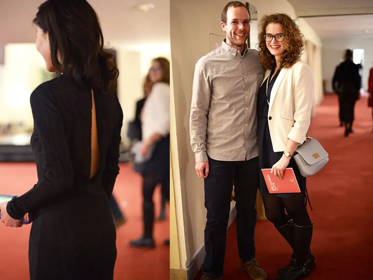 Ein Paar in schicker Abendgarderobe, bereit für die Oper. Er trägt ein Hemd und Jeans, ein lässiges oper outfit herren.